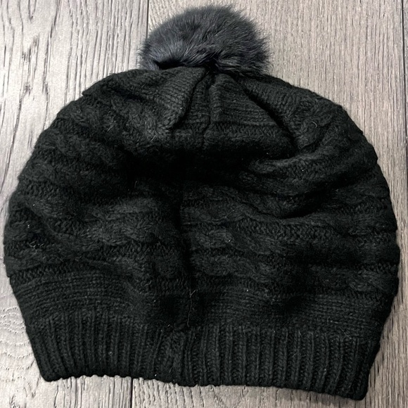Black Pom Pom Knit Beret Hat with Rhinestone Snowflake Detail